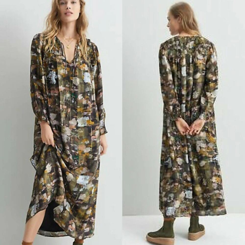 Anthropologie Blair Shimmer Abstract Long Sleeve Maxi Dress Brown Green Women XL